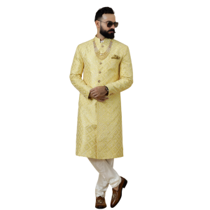 Stunning Yellow Sequin Embroidered Achkan for Men | Father Son Combo | Perfect for Grooms